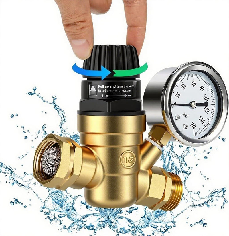 RV Water Pressure Regulator with Gauge,0-160psi Glycerin Liquid Filled Pressure Regulator Thicker Lead-free BrassKnob Valve Body,Knob Adjustment Water Pressure Gauge Regulator for RV Camper