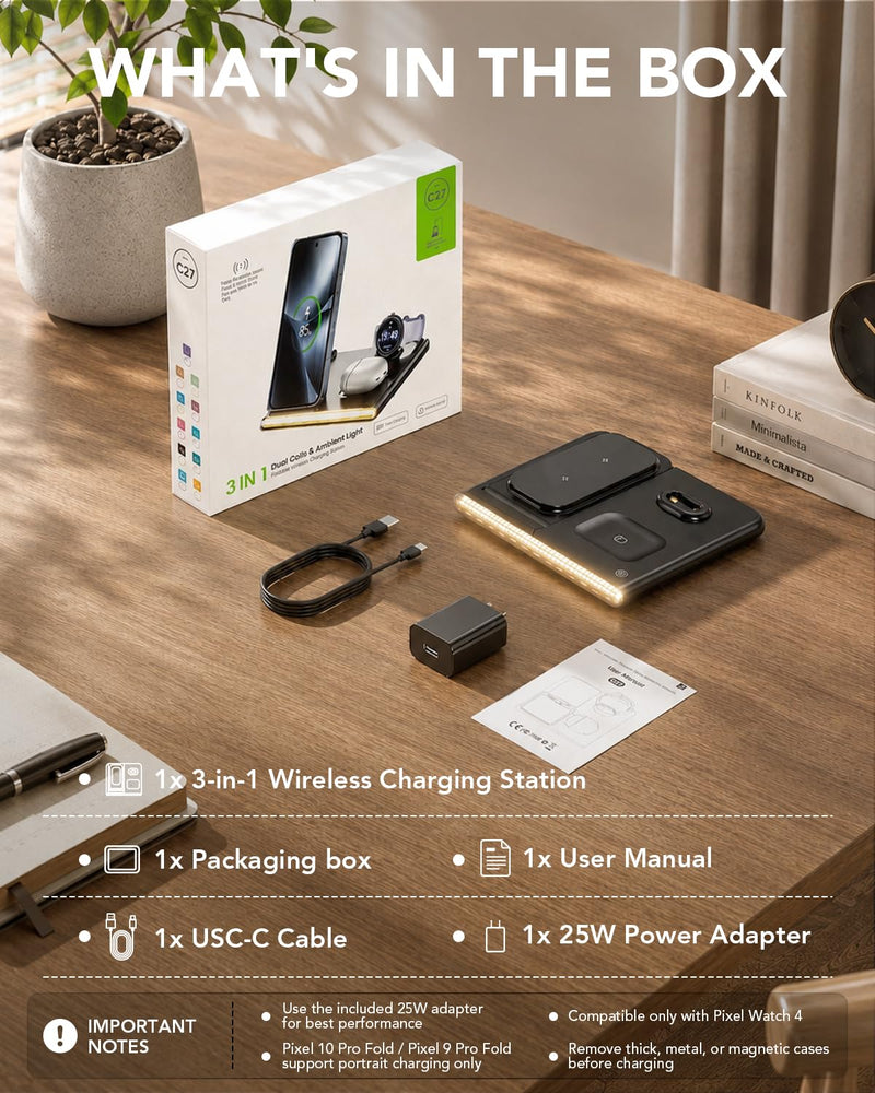 3 in 1 Foldable Wireless Fast Charging Station for Google Pixel Watch 4 | Google Charging Station for pixel 10, Travel Pixel Watch 4 Charger Stand, Light Nightstand Charging Dock (Only for Watch 4) Black