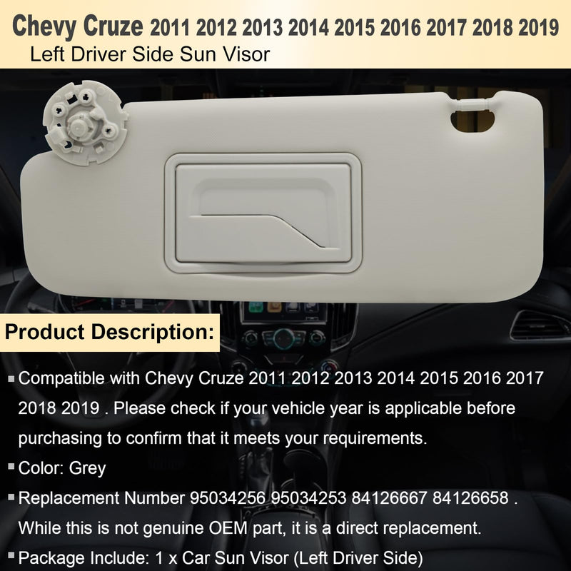 NHILES Left Driver Sun Visor Compatible with Chevy Cruze 2011-2019 Sun Visor Replacement Number 95034256 95034253 84126667 84126658 Color: Grey Left Gray