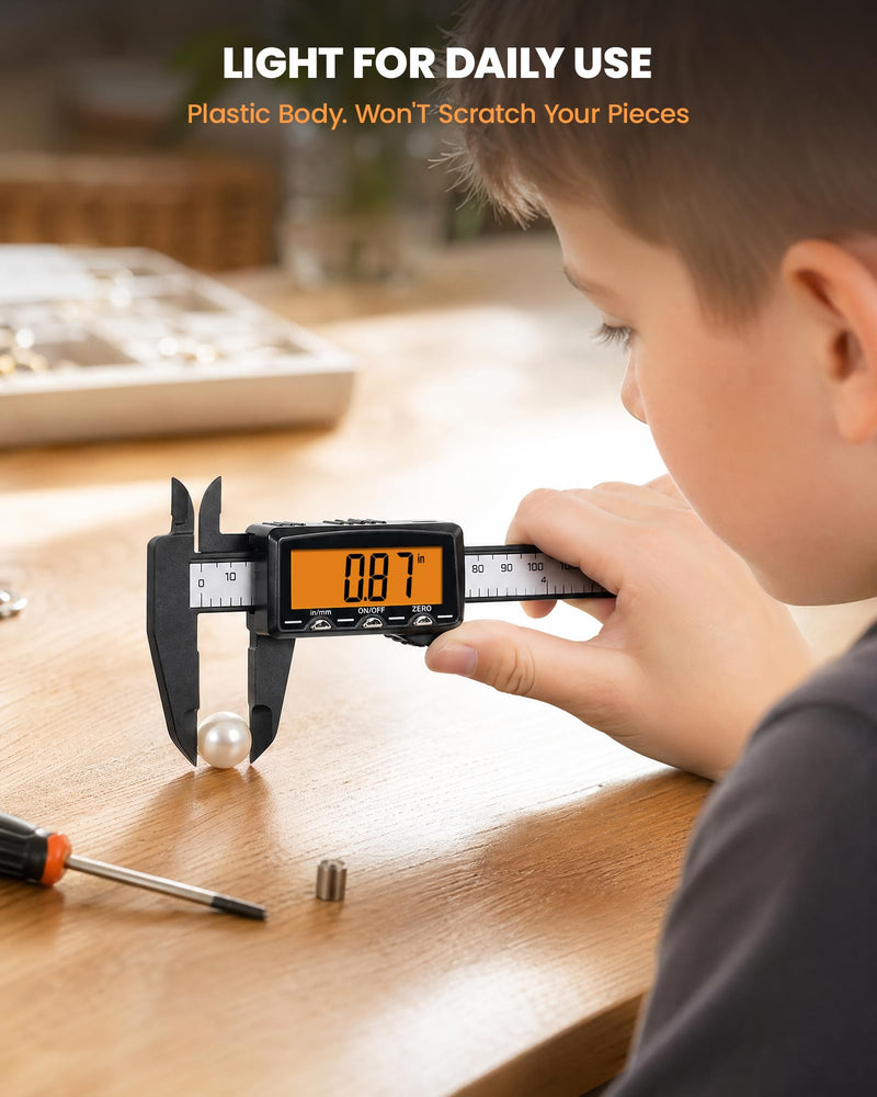 HARDELL Rechargeable Digital Caliper, 6" Plastic Calipers with Large Orange Screen (Non-Backlit), Inch/mm, Auto-Off Micrometer – Everyday Caliper Measuring Tool for Woodworking, DIY & Household