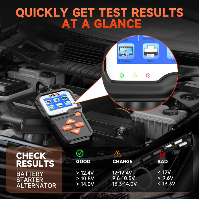  [AUSTRALIA] - ANCEL BA301 6V 12V Car Battery Tester, 100-2000 CCA Automotive Load Tester Alternator Tester Auto Digital Battery Analyzer Cranking and Charging System Test Tool for Motorcycle Car Boat Truck SUV ATV