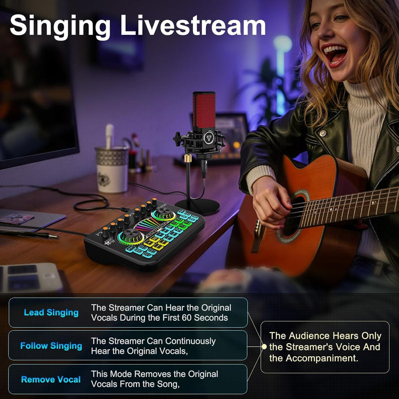Gaming Audio Mixer Sound Board Mixer w USB Audio Interface Voice Changer, All-in-One Podcast Live Sound Card for Streaming w Soundboard Customizable Soundpads for PC Smartphone Recording Broadcasting BYS-X3-LBACK