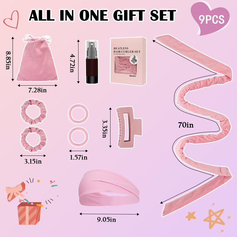 Heatless Curlers Headband Hair Curlers No Heat, Heatless Curls Hair Curler Rollers for Women, 70" Soft Overnight Curls Headband for Sleeping, 9 Pcs Heatless Curling Gift Set Pink