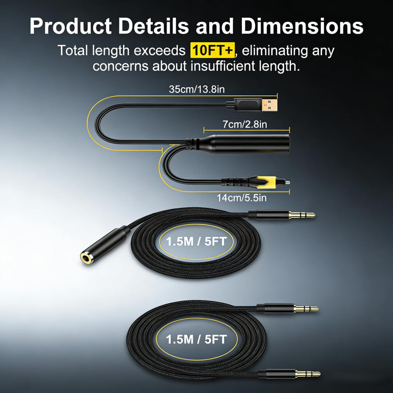 192KHz DAC Optical to 3.5mm Converter Kit, Optical Audio Cable to AUX Adapter, Unidirectional Digital to Analog Audio Adapter with 2 Cables (M/M & M/F) for TV, Speakers & Headphones, 10Ft