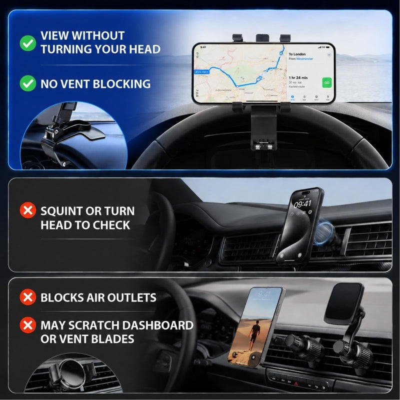 Car Phone Holder, Dashboard Clip Mount, 360° Rotation for 4–7" Phones | Dashboard Clip Mount, 360 Degree Rotation, Sun Visor & Rearview Mirror Use, Strong Spring Clamp, No Suction Residue Black