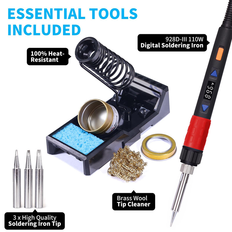 YIHUA 928D-III Soldering Iron,110W High Power, Fully Digital Display °F /°C- Temperature Control Soldering Tool, Accurate 194~896°F, with ON/OFF Switch, Iron Tip, Brass Wool, Automatic Sleep Mode Advanced Style - Digital Iron (High Power)