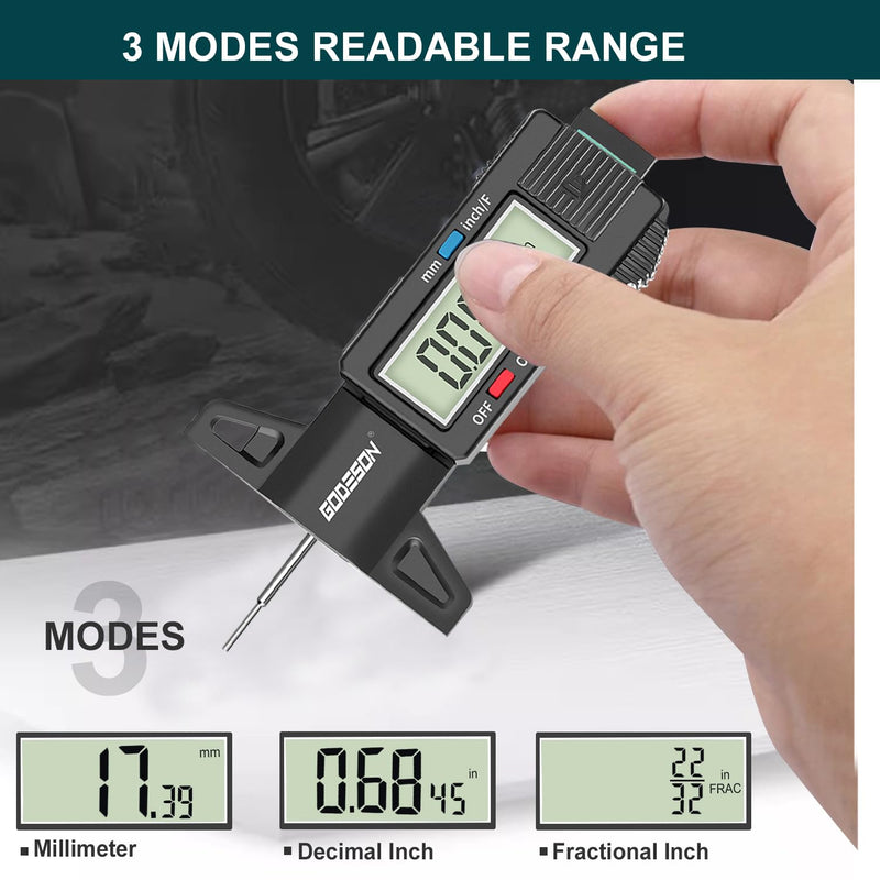 GODESON Tire Tread Depth Gauge, Digital Tire Tread Depth Gauge with 3 Modes-Fractional Inch, Decimal Inch and Millimeter, Tire Depth Gauge for Motorcycles, Cars, SUV, Easy to Read Tread Depth Gauge Black