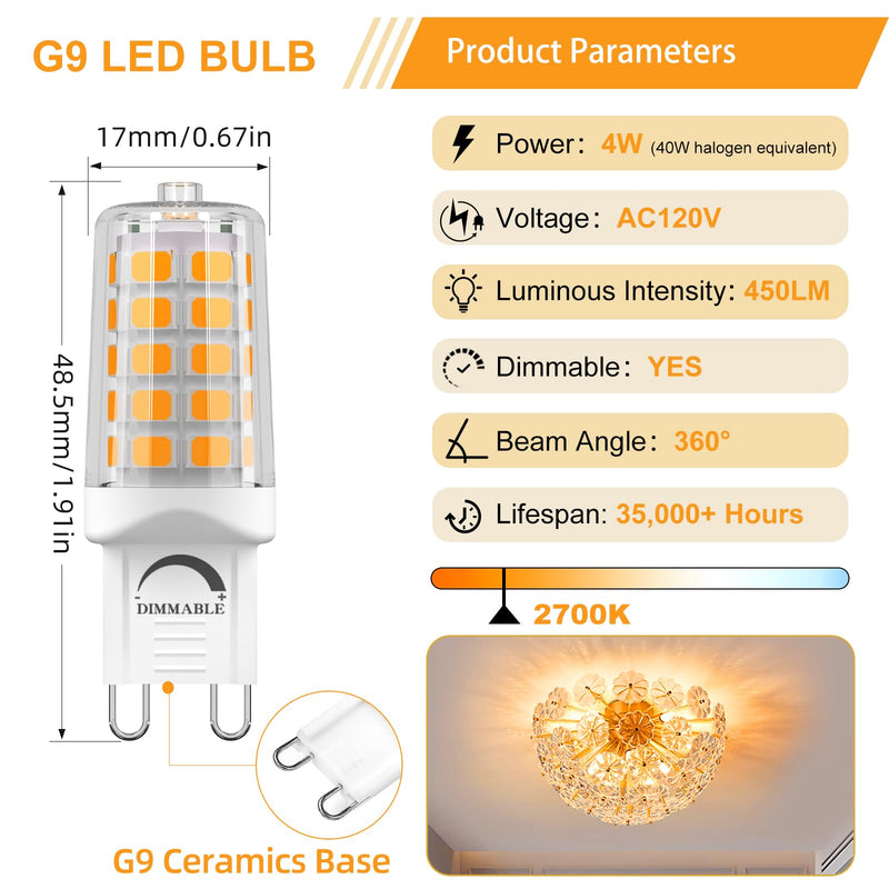 BAOMING G9 LED Bulb Dimmable 4W (40W Halogen Equivalent) T4-2700K Warm White, 120V No Flicker, 450LM, Ceramic Base - Perfect for Chandelier, Ceiling Fan, Cabinet - 12 Pack 2700k Soft Warm White 12 Count (Pack of 1)