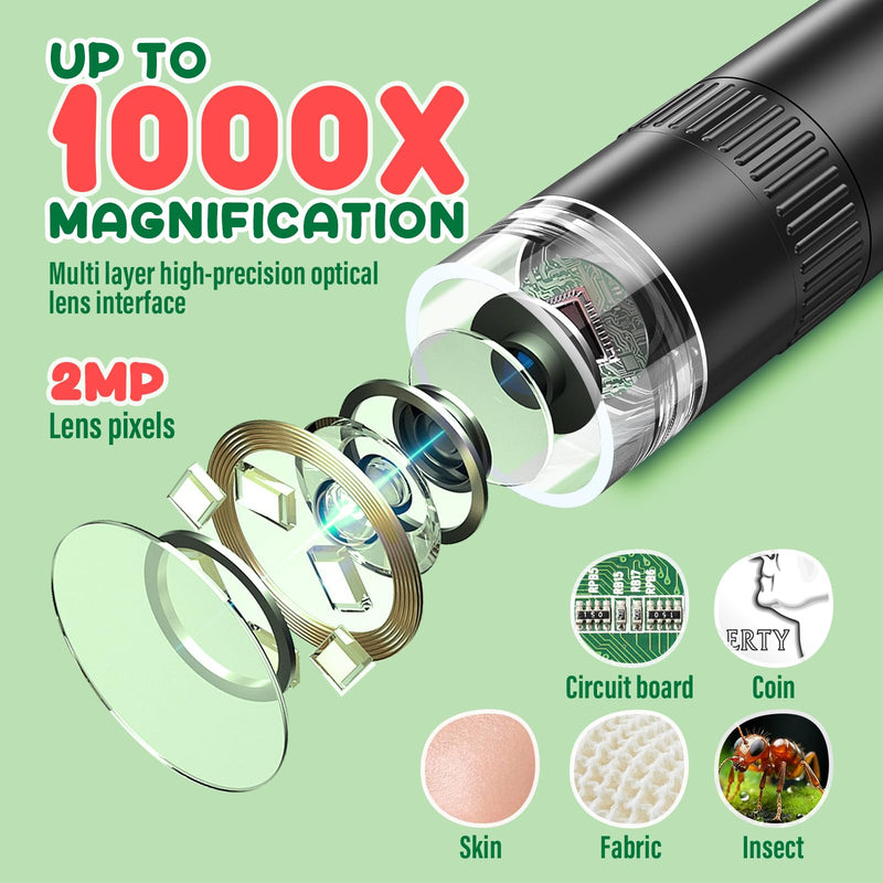 IMICHI Microscope for Kids 50X-1000X Magnification- 2 inch IPS HD Screen, 32GB storage Card, 1080P Video, 2-Hour Battery Life, Easy Carry, Slides Included - Perfect Science Kit Gift for Kids Ages 8-12 Black With SDcard&Slides