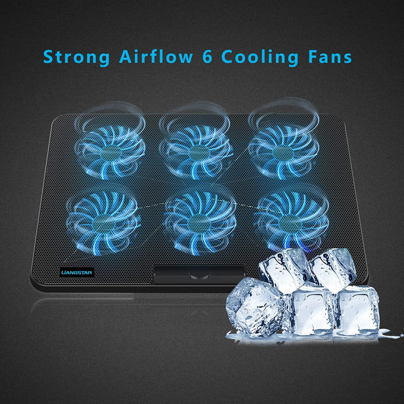 LIANGSTAR Laptop Cooling Pad, Laptop Cooler with 6 Quiet Fans for 12-17 Inch Notebook Gaming Fan Stable Stand, 7 Height & Wind Speed Adjustable, 2 USB Port & Phone Holder (Black) Black