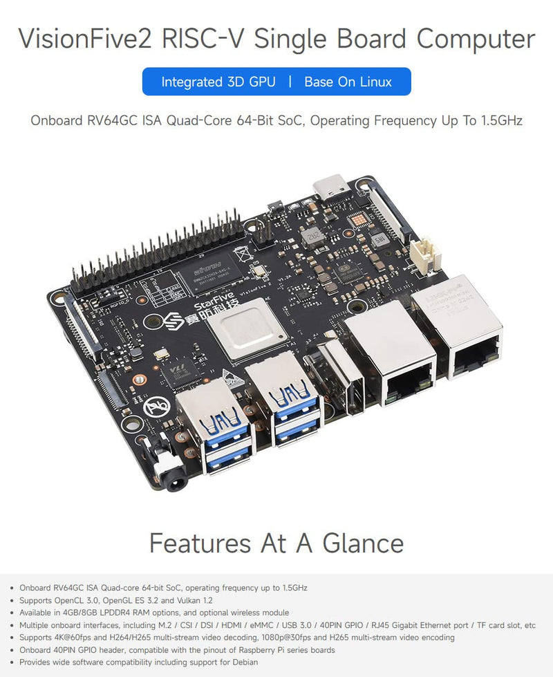 Waveshare VisionFive2 RISC-V Single Board Computer, StarFive JH7110 Processor with Integrated 3D GPU, 4GB Memory, Without WiFi Module, 1.3B New Version