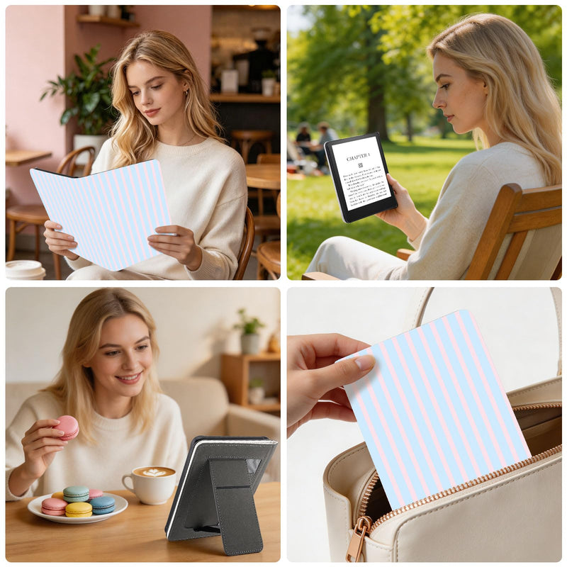Stand Case for 7" Kindle Paperwhite 12th Pink Blue Stripes | Compatible with Kindle Colorsoft Signature Edition 2024 with Hand Strap | Slim Leather Protective Cover with Auto Sleep/Wake 7" Kindle Paperwhite 12th Generation