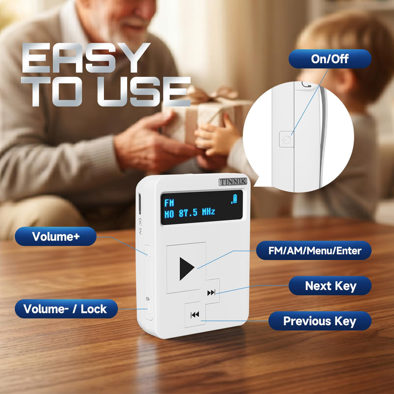 AM FM Mini Radio: Weight 27 Grams, Watch Size, Rechargeable USB, Personal Pocket Radio, OLED Screen, Clip, Button Lock, Digital Tuning, Timer, Stereo Headphones - FA298-WA white Modern