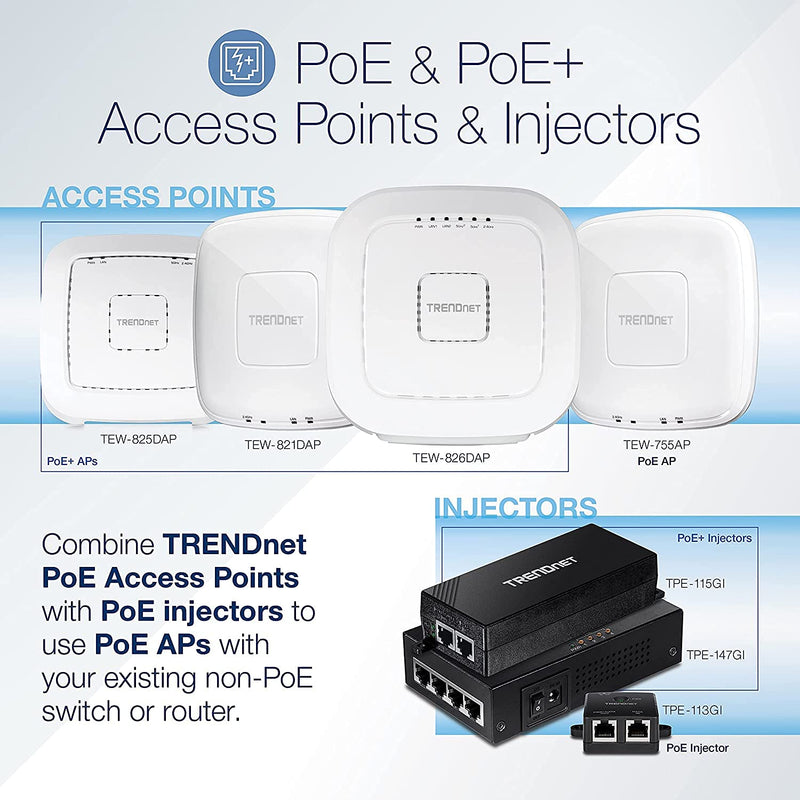 TRENDnet Gigabit Power Over Ethernet Injector, Full Duplex Gigabit Speeds, 1 x Gigabit Ethernet Port, 1 x PoE Gigabit Ethernet Port, Network Devices Up to 100M (328 ft), 15.4W, Black, TPE-113GI Gigabit PoE Injector