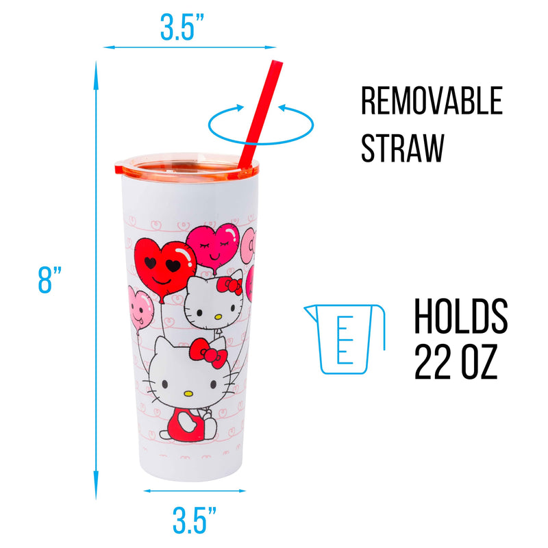 Silver Buffalo Hello Kitty Heart Balloons Double Walled Stainless Steel Tumbler with Straw, 22 Ounces