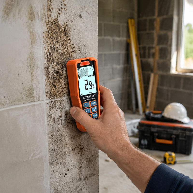 RDINSCOS Pinless Moisture Meter for Drywall & Wood 6-in-1 Moisture Tester | Non-Destructive Moisture Detector,For Wood, Drywall, Plaster, Concrete, Screed & Flooring, Audible Alarm,Rechargeable Orange-MT35