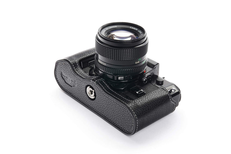 A-1 Case, BolinUS Handmade Genuine Real Leather Half Camera Case Bag Cover for Canon New AE-1 AE-1P A-1 (with Handle) Camera with Hand Strap (Black) Black