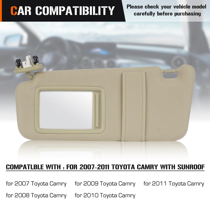 Sun Visor with Light for Toyota Camry 2007-2011 with Sunroof, Left Driver Side Beige Sunvisor Replace 74320-06800-B0 (Beige) Left - For Camry w Sunroof