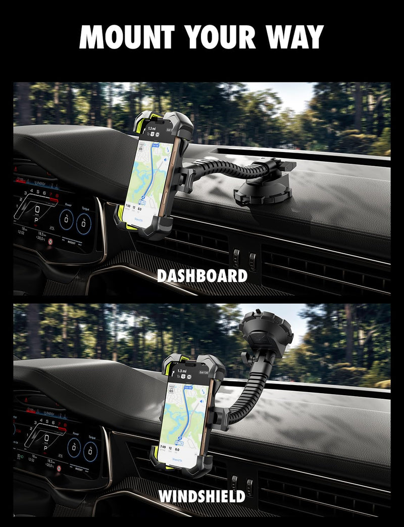 Bracketron X-Lock Heavy Duty Car Phone Holder Truck Dash Windshield Mount | 4-point XGrip security, 360° flexible gooseneck arm, heavy-duty TemperBond suction base, 1-click auto-lock and release