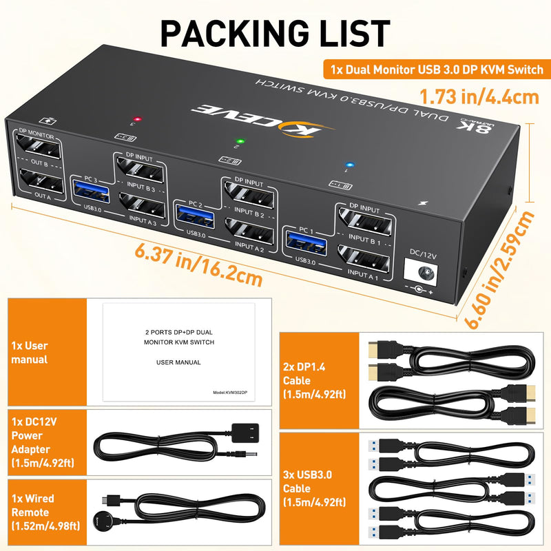 8K KVM Switch 2 Monitors 3 Computer, KCEVE Dual Monitors USB 3.0 Displayport KVM Switcher, Supports 8K@60Hz for 3 DP Port PC Share 2 DP Monitors, Keyboard and Mouse 3x2 KVM DP+DP+DP
