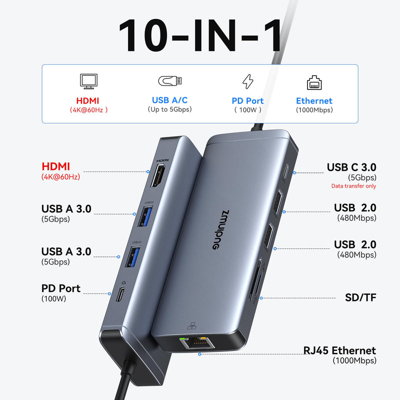 USB C Hub Ethernet USB-C Adapters for MacBook Pro/Air with HDMI 4K@60Hz | Mac Dongle with USB Port, 10 IN 1 USBC to HDMI Adapter 4K, USB C to Ethernet, 100W PD, USB-C to SD/TF Card Reader Dongle Hub