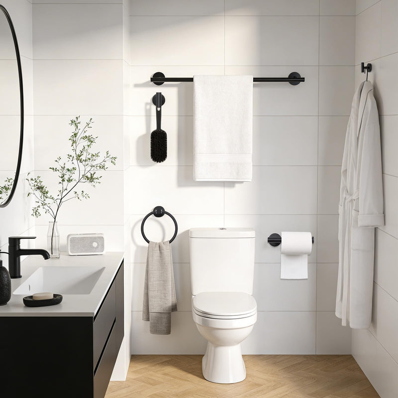 5-Piece Matte Black Bathroom Hardware Set, SUS304 Stainless Steel Wall Mounted Bathroom Accessories, 24 Inch Towel Bar, Towel Ring, Toilet Paper Holder, 2 Hooks, Rustproof Modern Bathroom Fixtures