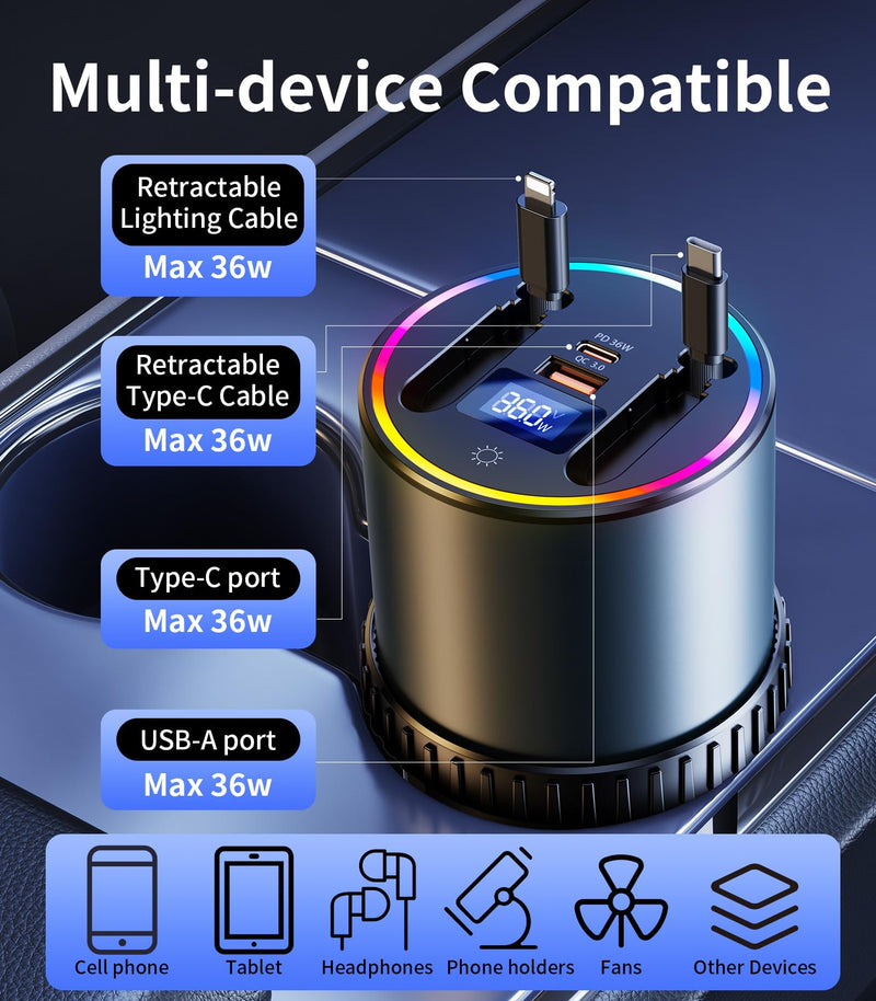 Retractable Car Charger USB Hub with RGB Light, 4 Port Car Charging Station Cigarette Lighter Adapter, Travel Essentials Car Accessories Gadgets for Men Gifts for iPhone 17 16 15 14 13 Pro Max