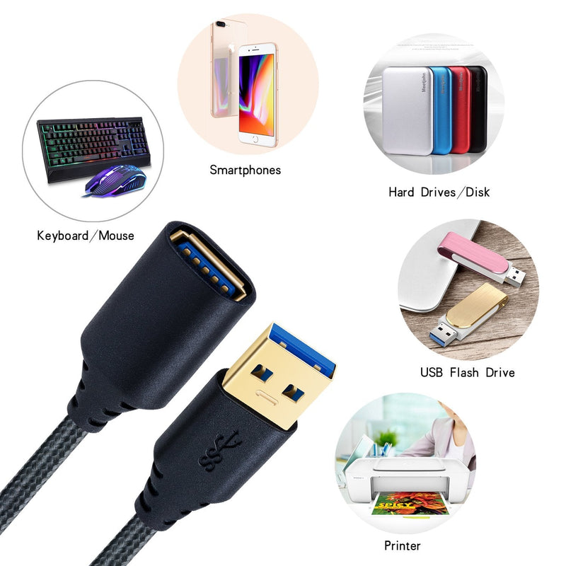 USB 3.0 Extension Cable, 4Pack [6ft] USB A Male to Female Braided Extender Cord 5Gbps Fast Data Transfer for Hard Drive, Keyboard, Mouse, Webcam, USB Flash Drive, Printer - Black