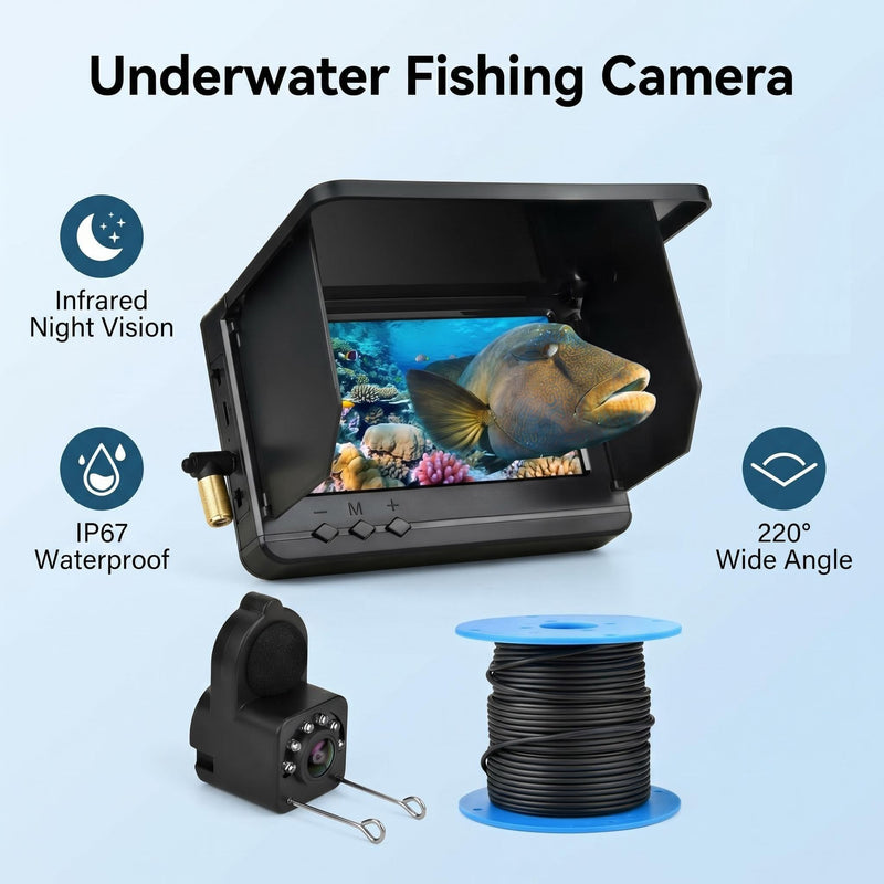 Underwater Fishing Camera with Infrared Night Vision, IP67 Waterproof Portable Fish Finder for Ice Fishing, Kayak, Boat, River & Lake 30M