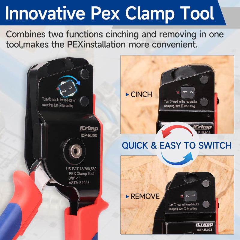 iCrimp One-Hand PEX Pipe Cinch Tool Kit, PEX Crimping Tool with Removing Function for 3/8-1 inch Clamp Rings, with 20PCS 1/2-in, 10PCS 3/4-in PEX Clamps and Pipe Cutter Auto Release Cinch & Remove Kit