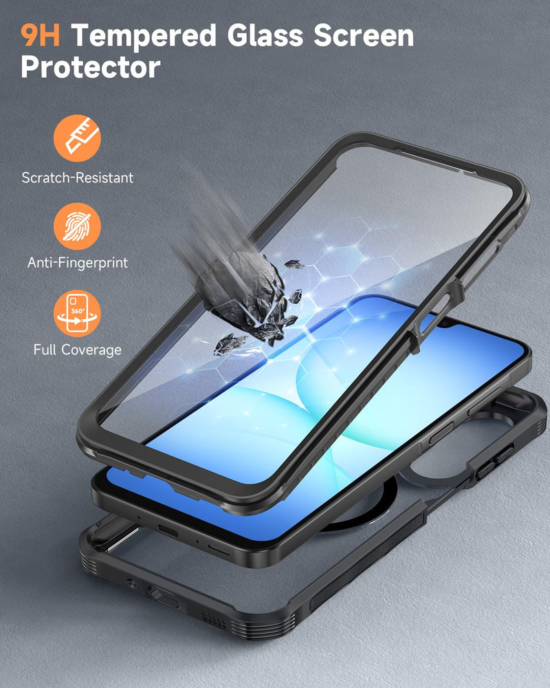 seacosmo for Samsung Galaxy A16 A17 A26 5G Case with Glass Protector Black | Full Body Bumper, Built-in Tempered Glass, Camera Lens Protection, Compatible with MagSafe, Shockproof a17 a16 a26 5g Case Black Clear