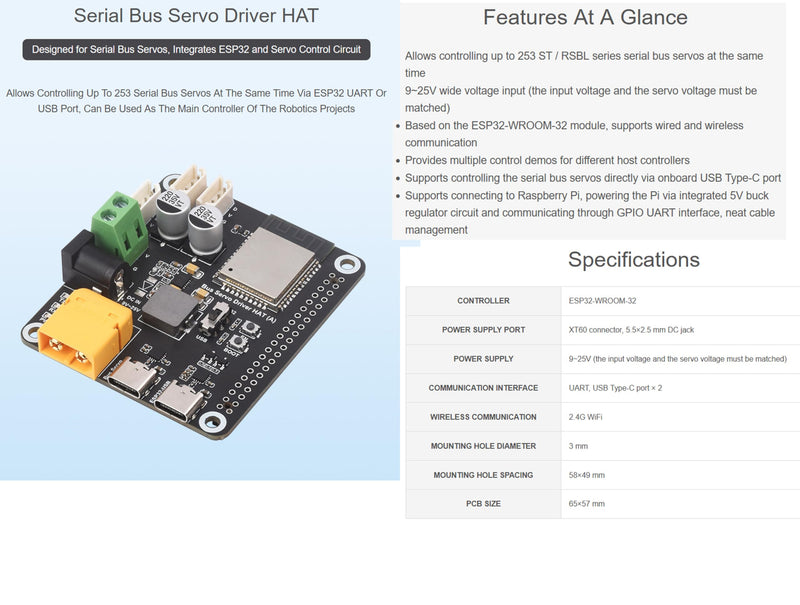 Serial Bus Servo Driver HAT Based on ESP32-WROOM-32 Module, Suitable for Raspberry P 5 / 4B and ST/RSBL Series Serial Bus Servos up to 253 Serial Bus Servos at The Same Time/Robotic Project