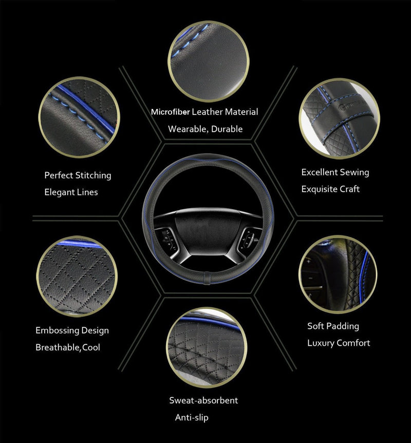 Car Steering Wheel Cover, Anti-Slip, Safety, Soft, Breathable, Heavy Duty, Thick, Full Surround, Sports Style (Black Blue) Black With Blue Line