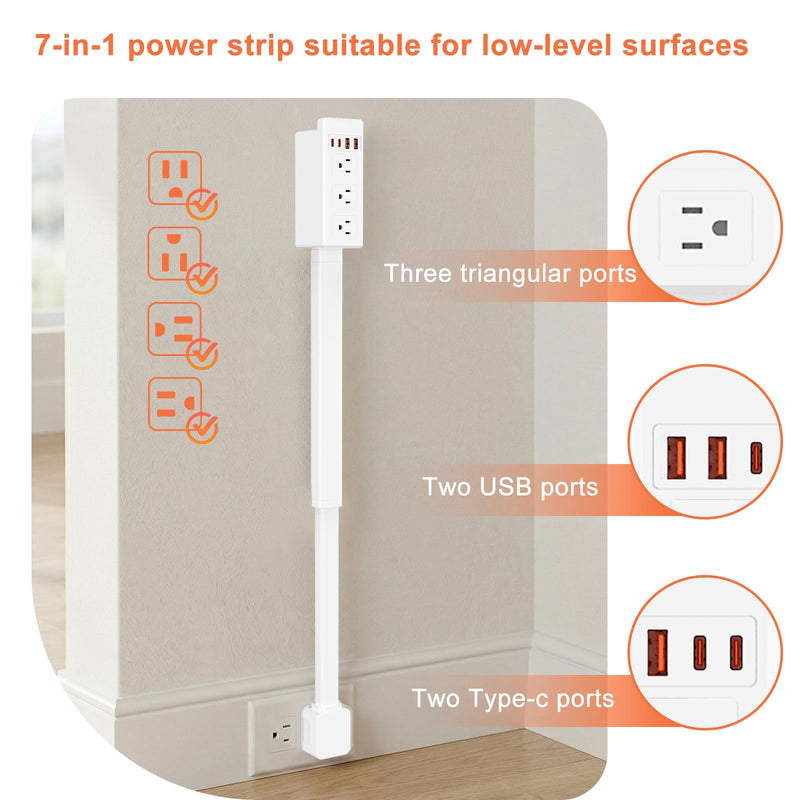 Electrical Outlet Extender Stick, 7-in-1, 360° Rotating, Extends 17.5"-25.6" - (3 AC Outlets, 2 USB-C & 2 USB-A) - for Outlets Behind Sofas, Nightstands, Desks, Office Desks & More