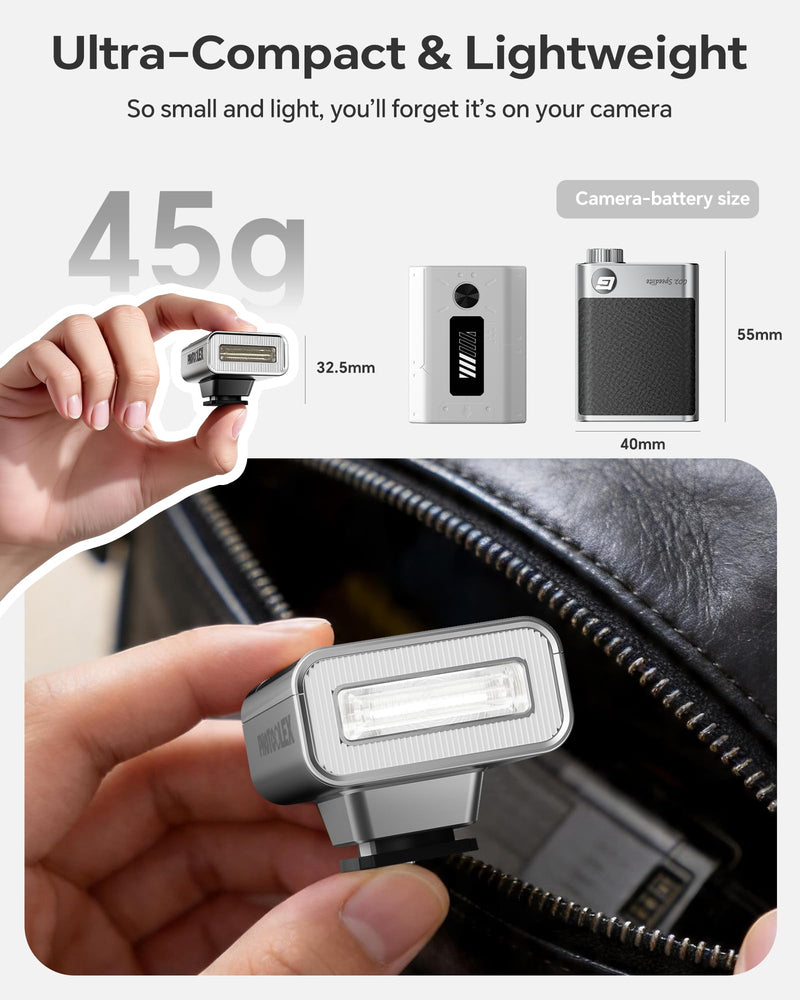 PHOTOOLEX G02 Mini Camera Flash GN10 45g USB-C Speedlite | Universal hot shoe. GN10 output. 6500K daylight color. 0.1s recycle. 45g pocket flash with USB-C fast charging