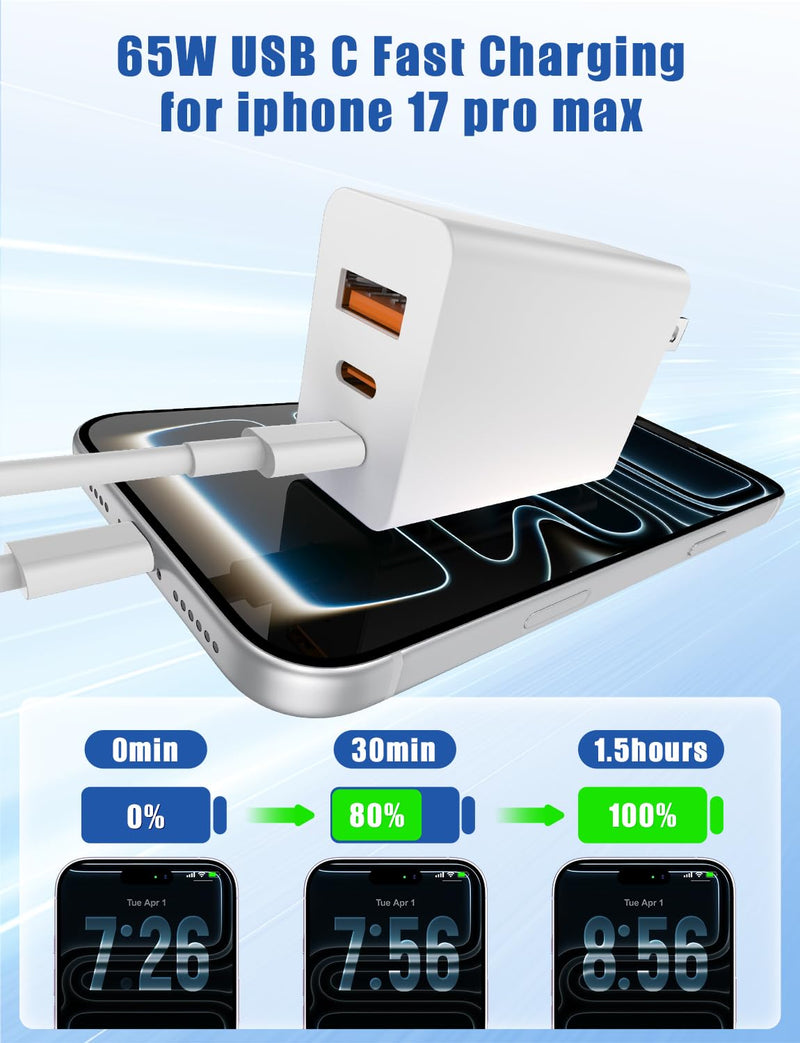 Susnwere 85W C Wall Charger Block for iPhone 17/16/15 Pro Max, 3port 100W USB C Fast Wall Charger Adapter Plug and 4Pack 6/6/10/10FT Long USBC Quick Charge Cable Cord for iPhone/ipad/MacBook Pro/Air (6+6+10+10)ft White