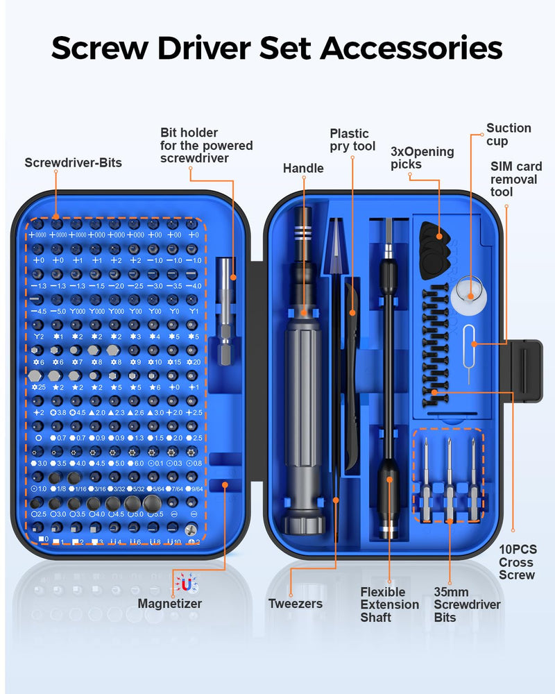 Precision Screwdriver Set, SOONAN 150 in 1 Electronics Tool Kit with 120 Bits Magnetic Screwdriver Set & 30-Bit Magnetic Set Handy Repair Tool for Computer Phone Watch Camera Laptop, Blue 150 in 1, Blue