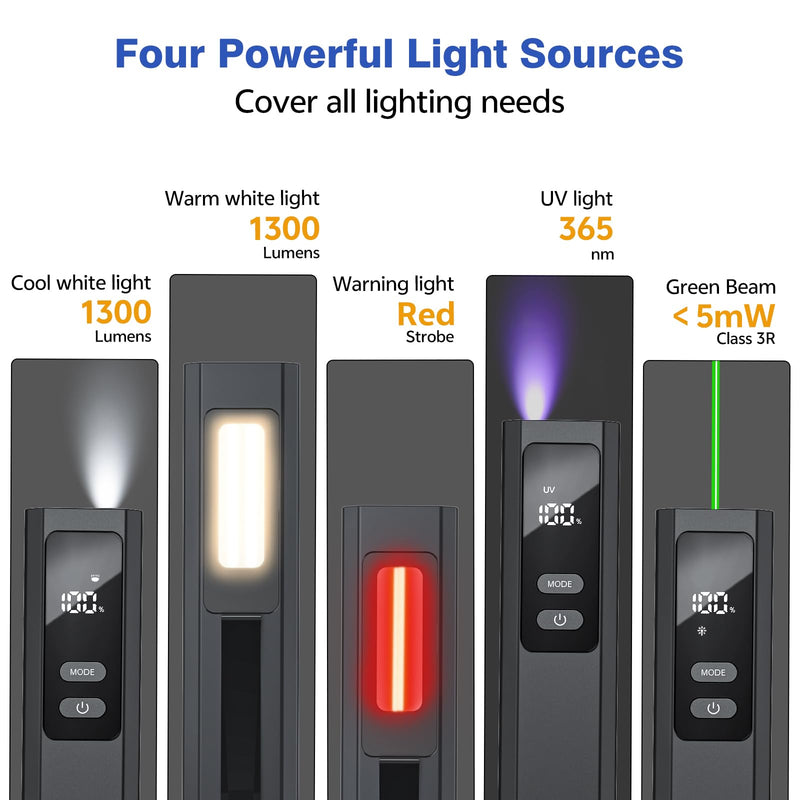 EDC Flashlight 4 in1 Magnetic Flashlight High Lumens Work Light with Green Beam & UV & Warning Light Combo EDC Flashlight Rechargeable LT-010 (Black) Black