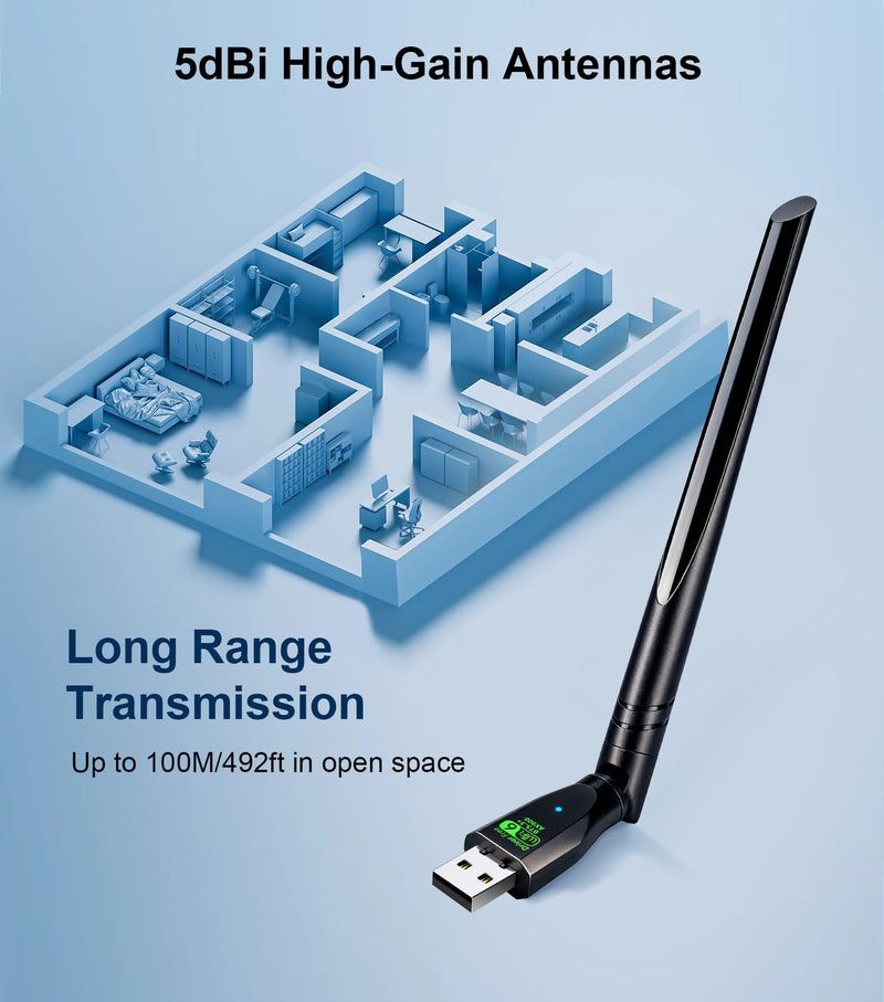 WiFi Adapter,USB WiFi 6 Adapter for Laptop PC,2-in-1 Bluetooth 5.3(EDR+BLE),900Mbps Dual Band (2.4GHz+5GHz), 5dBi High Gain Antenna,Plug-and-Play for PC/Laptop/Printers (Win 10/11)
