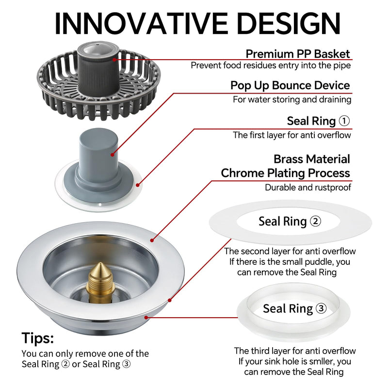Kitchen Sink Stopper, 3 in 1 Pop Up Kitchen Sink Drain Strainer, with an Extra Basket Strainer, Sink Drain Stopper for US Standard 3-1/2 Inch, Brass Material Electroplate (Silver 2pcs) Silver 2pcs