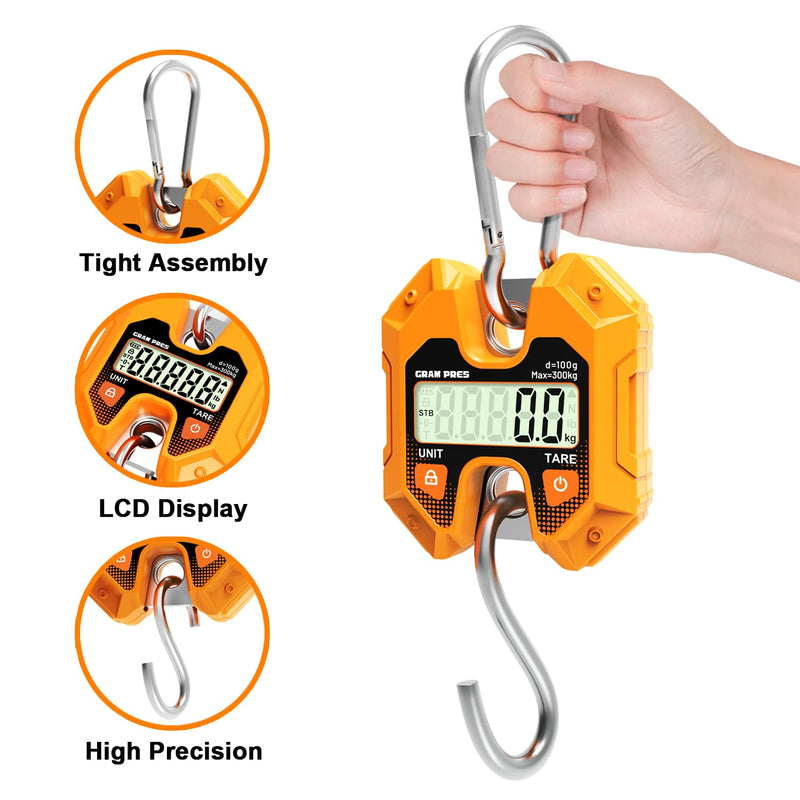 GRAM PRES Digital Hanging Scale - 660LB/300KG, Mini Crane Scale for Deer Hunting, Farm, Fishing, Meat, Game, Luggage, Outdoor