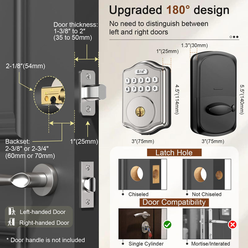 Keyless Entry Door Lock with Code, Voice Guidance Electronic Keypad Deadbolt Smart Locks for Front Door, Easy to Install, Anti-Peeping Password, Auto Lock, Satin Nickel Black