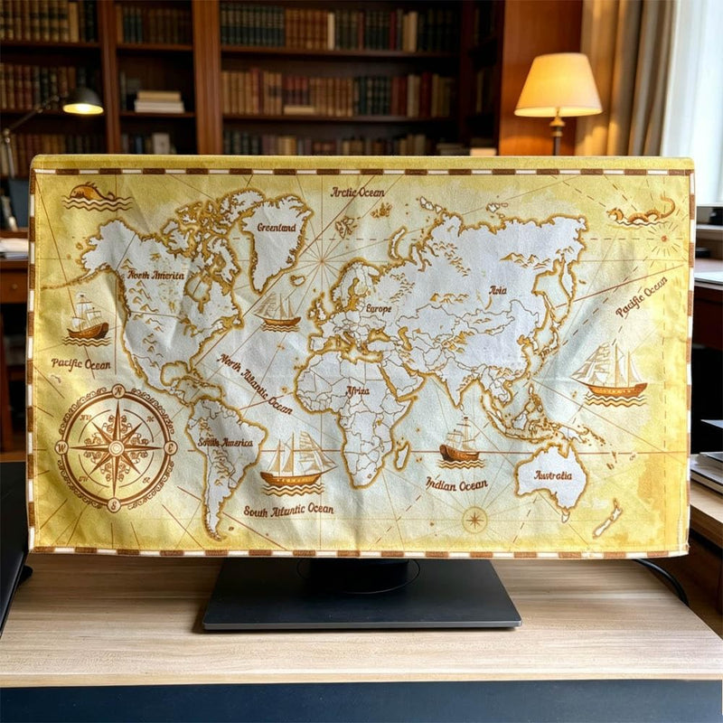 Retro World Map Print Indoor Computer Dust Proof Cover Soft Suede Fabric Slipcover Protection Screen Display From Scratches, Dirts, Fingerprint, Sunlight, 24in