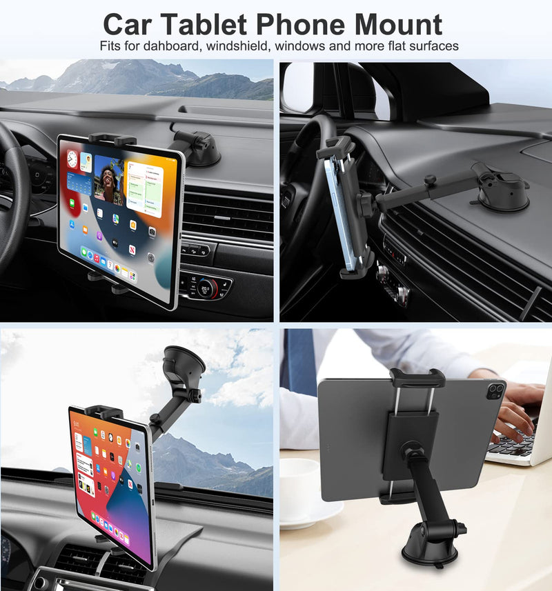 Car Dashboard Tablet Mount for Truck, [Telescopic Arm] Tablet Holder with Super Suction Cup, Vehicle Dash Windshield Stand for iPad Pro 12.9 Mini Air, Galaxy Tab, Z Fold, iPhone, 4-13" Tablets