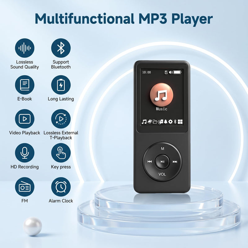 128GB MP3 Player with Bluetooth 5.3 Earphones Included | Portable, HiFi Sound, Built-in Speaker/FM Radio/Voice Recorder/E-Book, Lossless Sound, Multifunctional, Music Player, Slim Black