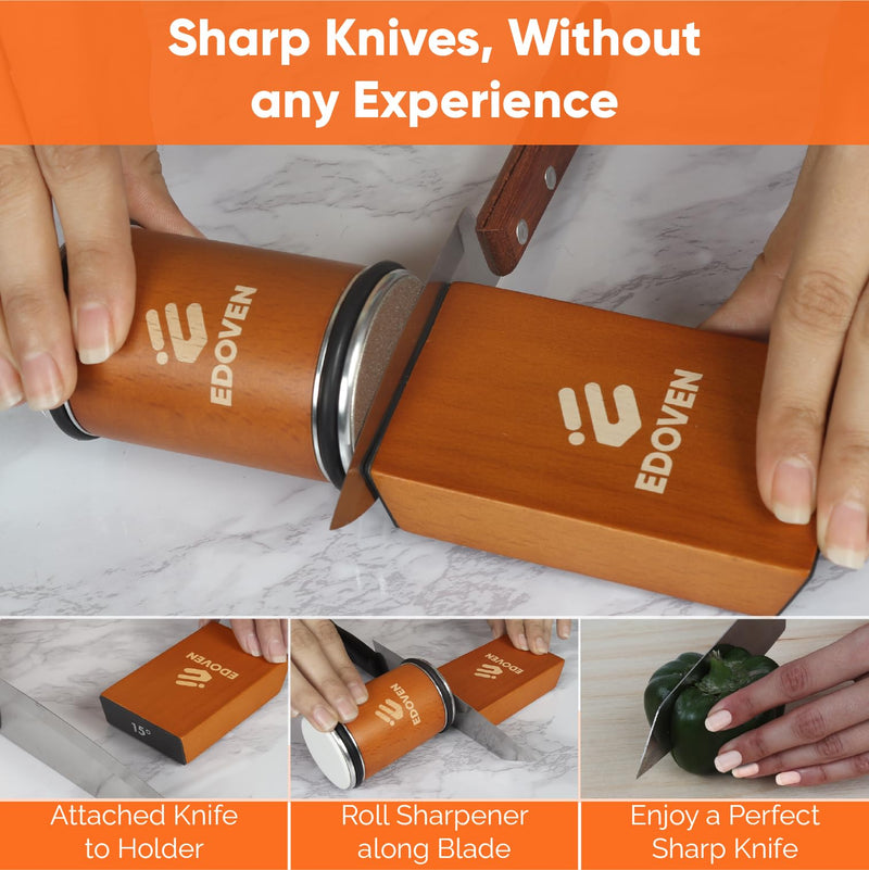 Rolling Knife Sharpener Kit - Beech Wood Magnetic Rolling Sharpener for Knives with 15 & 20 Degree Angles - Elegant Gift for Chefs & Cooks - Knife Sharpening Kit for Kitchen & Pocket Knives Standard Set