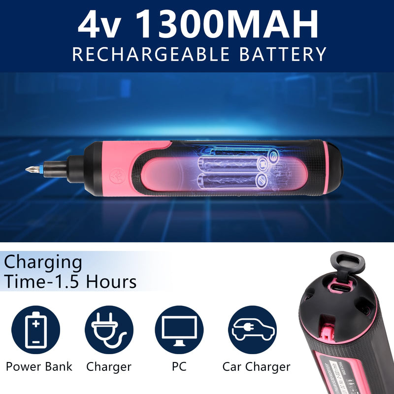 Electric Screwdriver Rechargeable, 4V Cordless Screwdriver, with 3 Gear Torque Adjustment and 26 Bits, Extension Rod, USB Charging Cable, Suitable for Furniture or Appliance Repair Pink