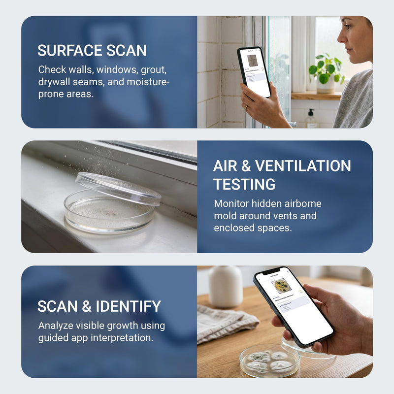 TESIA AI Mold Test Kit for Home, 8 Air & Surface Tests + 30 App Scans, Guided Results & Next Steps, No Lab Required, DIY Mold Detection for HVAC, AC Vents, Bathroom, Basement