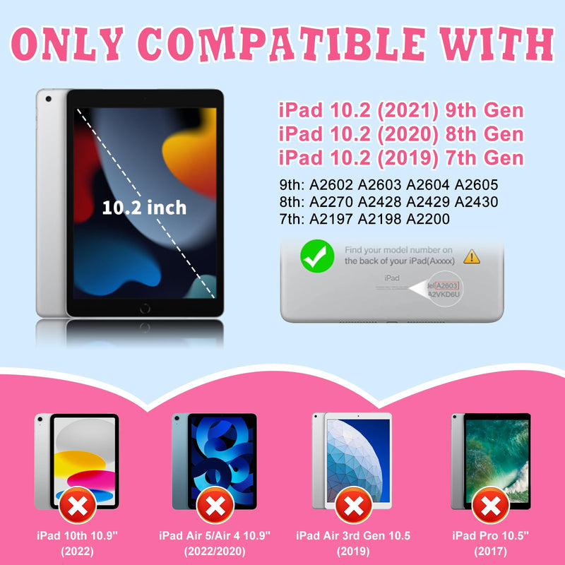 SAMONPOW for iPad 9th/8th/7th Generation Kids Case 10.2 Inch 2021/2020/2019 | Girly Flower Silicone Cover 9th/8th Gen iPad Case 10.2 Inch for Girls with 360°Rotating Stand Handle Pencil Holder, Hot Pink for iPad 9th/ 8th/ 7th Gen Case