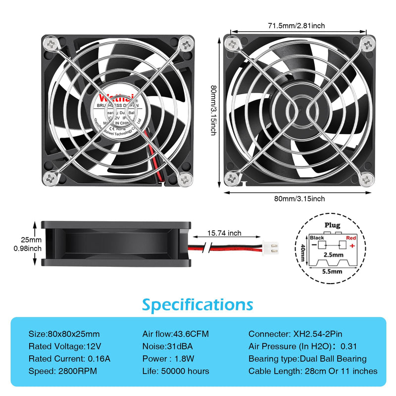 Wathai IP67 Waterproof 80mm x 25mm 12V Cooling DC Fan for RV Fridge Exhaust | 2 Pack, Dual Ball, 3 Inch, High Speed 12V Fan for RV Fridge Refrigerator DC Brushless Fan 12V waterproof 80mm 80x25mm